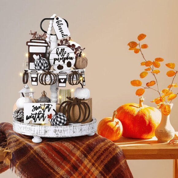 19‎ PCS Rustic Fall Tiered Tray Decor - Autumn Pumpkins & Farmhouse Signs Set - Picture 6 of 7